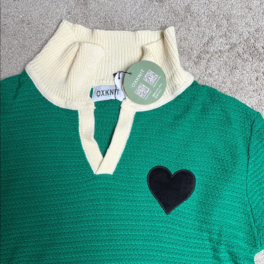 Green Knit Sweater with Cream Collar and Hem - Picture 2 of 3